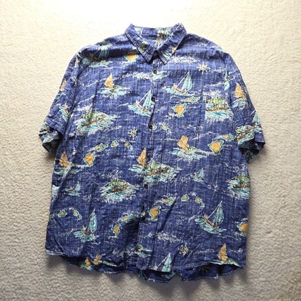 Vatpave Shirt Mens 3XL Blue Sailboat Hawaiian Short Sleeve Button-Up Casual